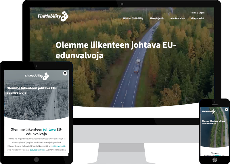 FinMobilityn WordPress-sivut - laskeutumisnäkymä eri laitteilla